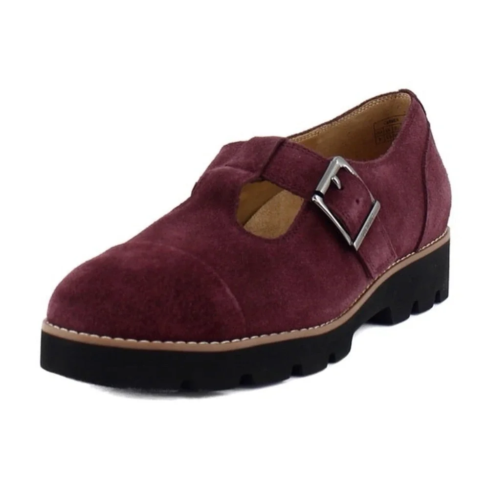 Vionic Carmen Mary Janes Buckle Loafer Shoes 6.5 Port Wine Suede Leather T Strap